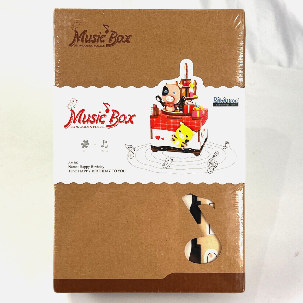 3D Wooden Puzzle Music Box Happy Birthday Crank Robotic Robotime Jigsaw AM309